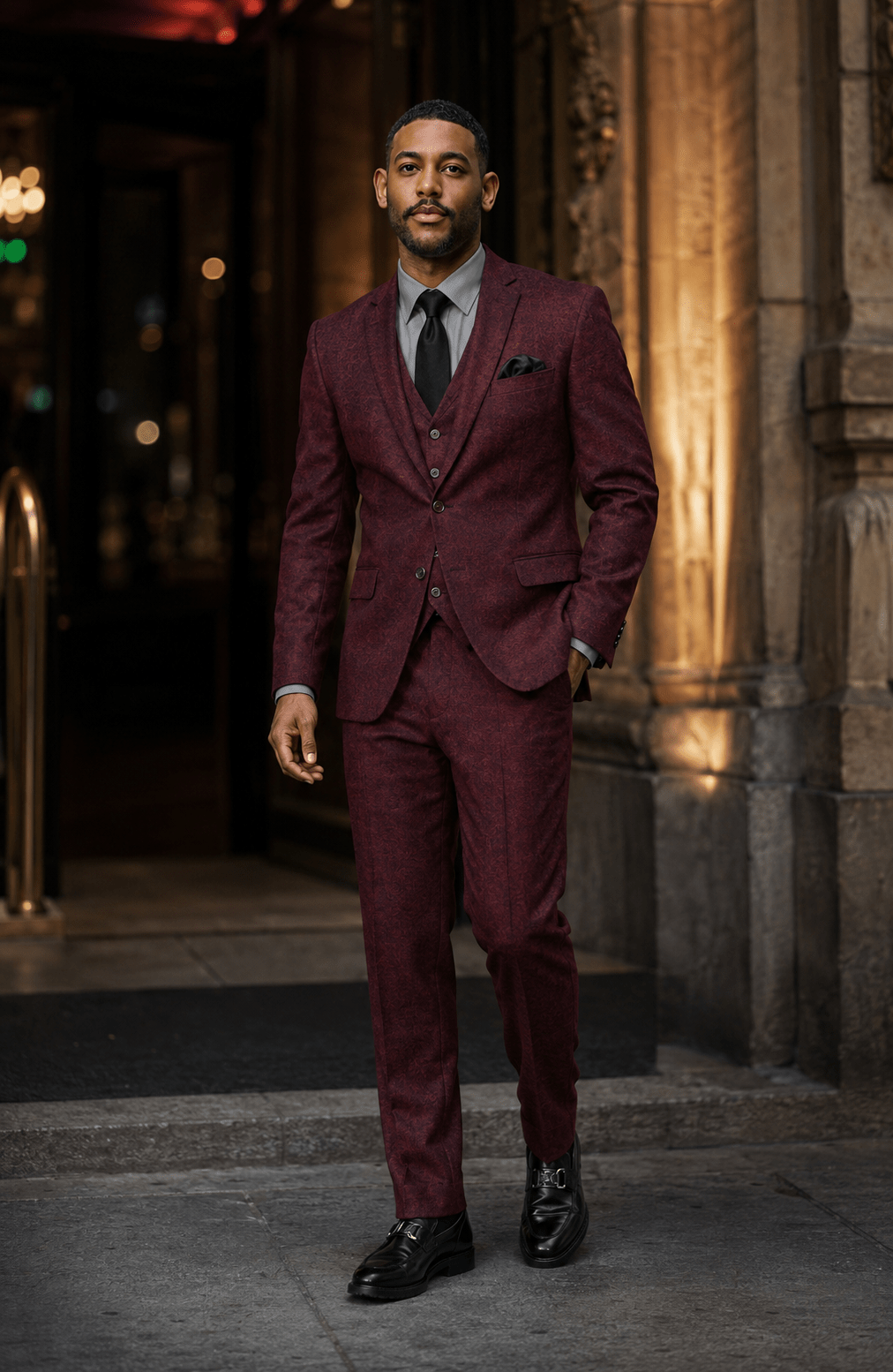 Men's Burgundy Hybrid Fit 3-Piece Tweed Suit | Alveron Collection - Upscale Men's Fashion