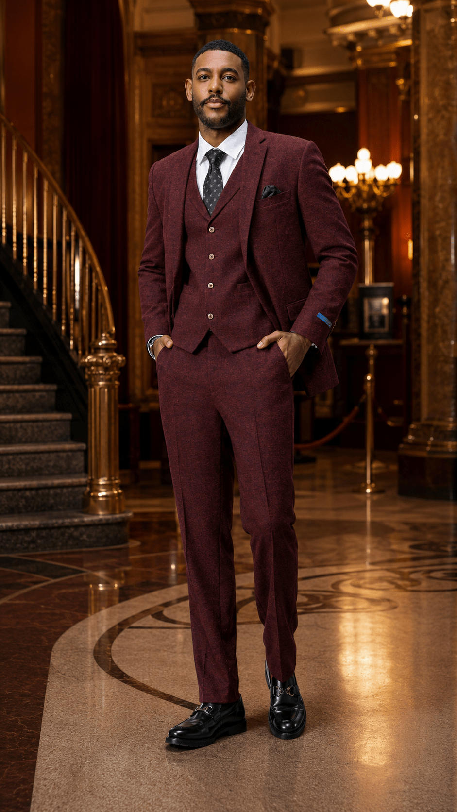 Men's Burgundy Hybrid Fit 3-Piece Tweed Suit | Alveron Collection - Upscale Men's Fashion