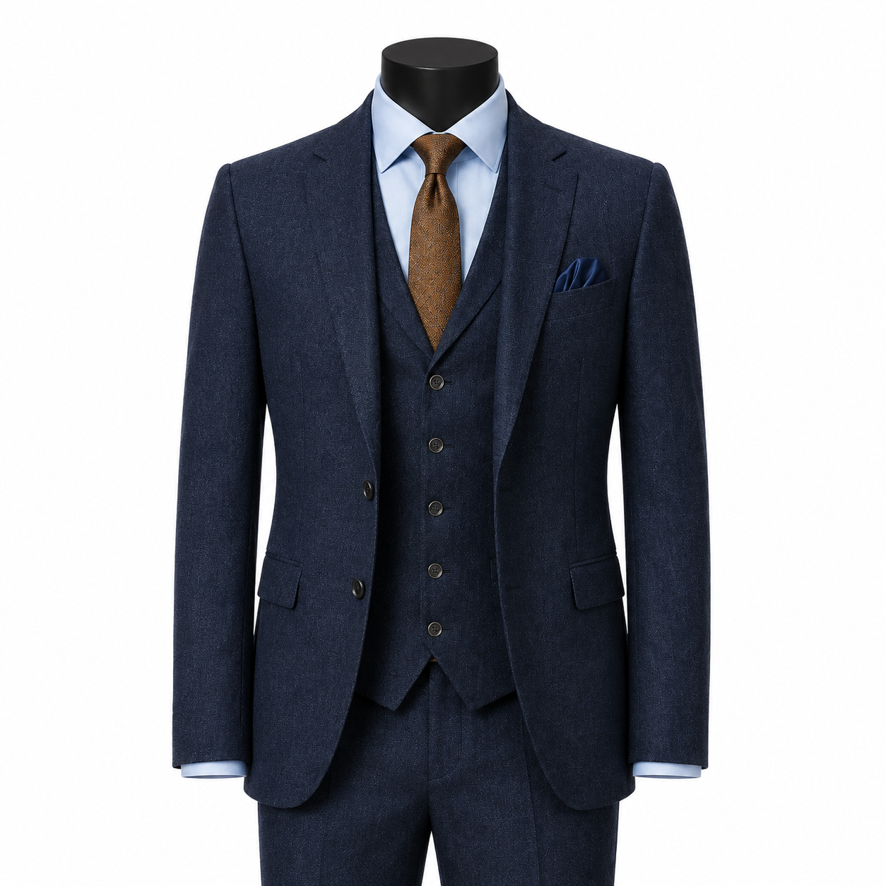 Men's Navy hybrid fit three-piece tweed suit on black mannequin