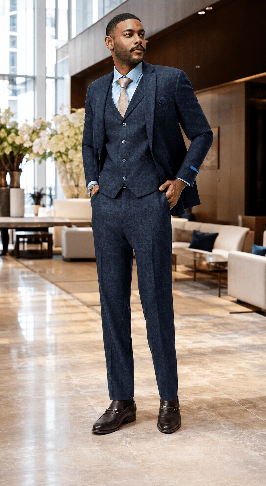 Men's Navy Hybrid Fit 3-Piece Tweed Suit | Alveron Collection - Upscale Men's Fashion