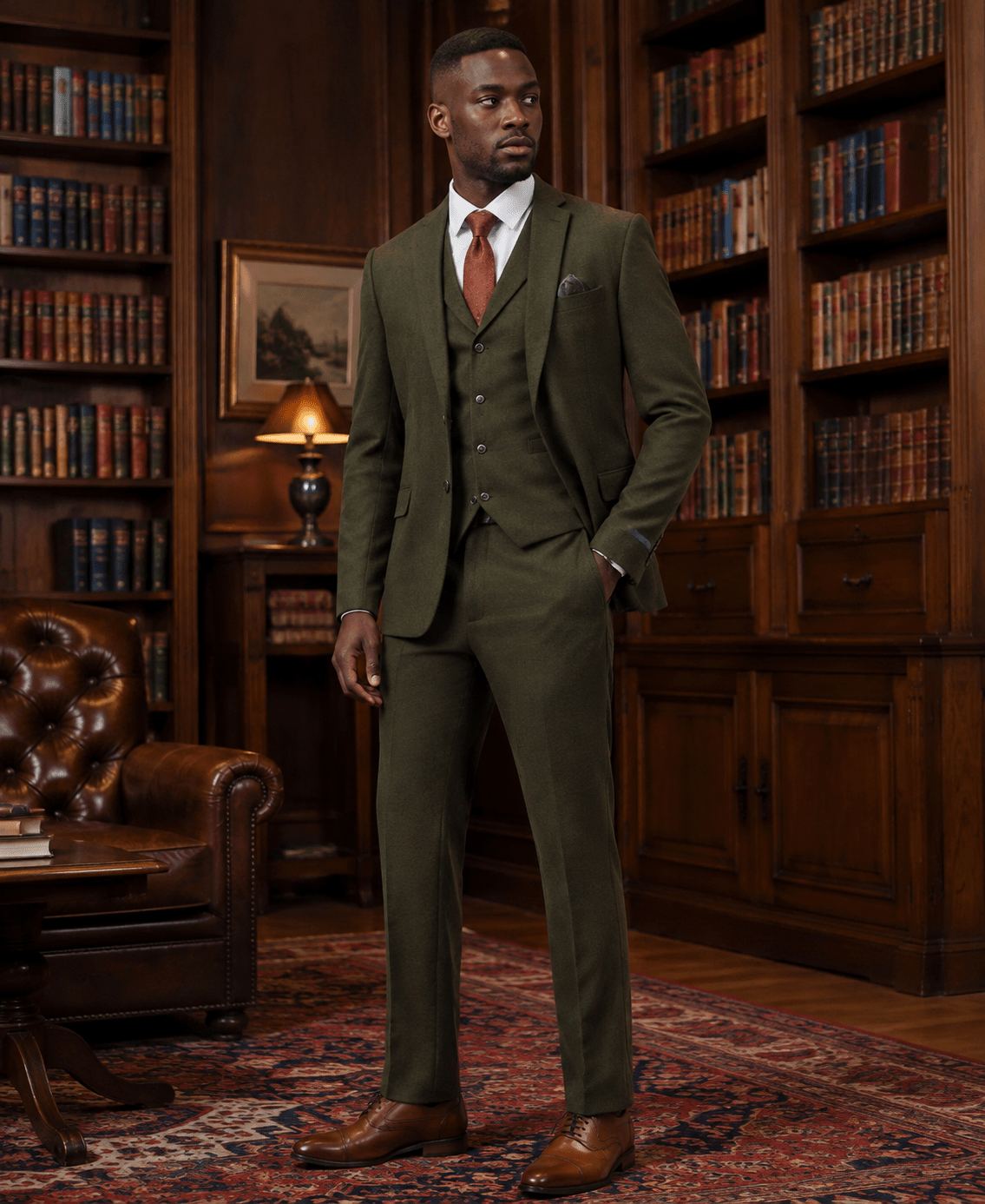 Men's Olive Hybrid Fit 3-Piece Tweed Suit | Alveron Collection - Upscale Men's Fashion