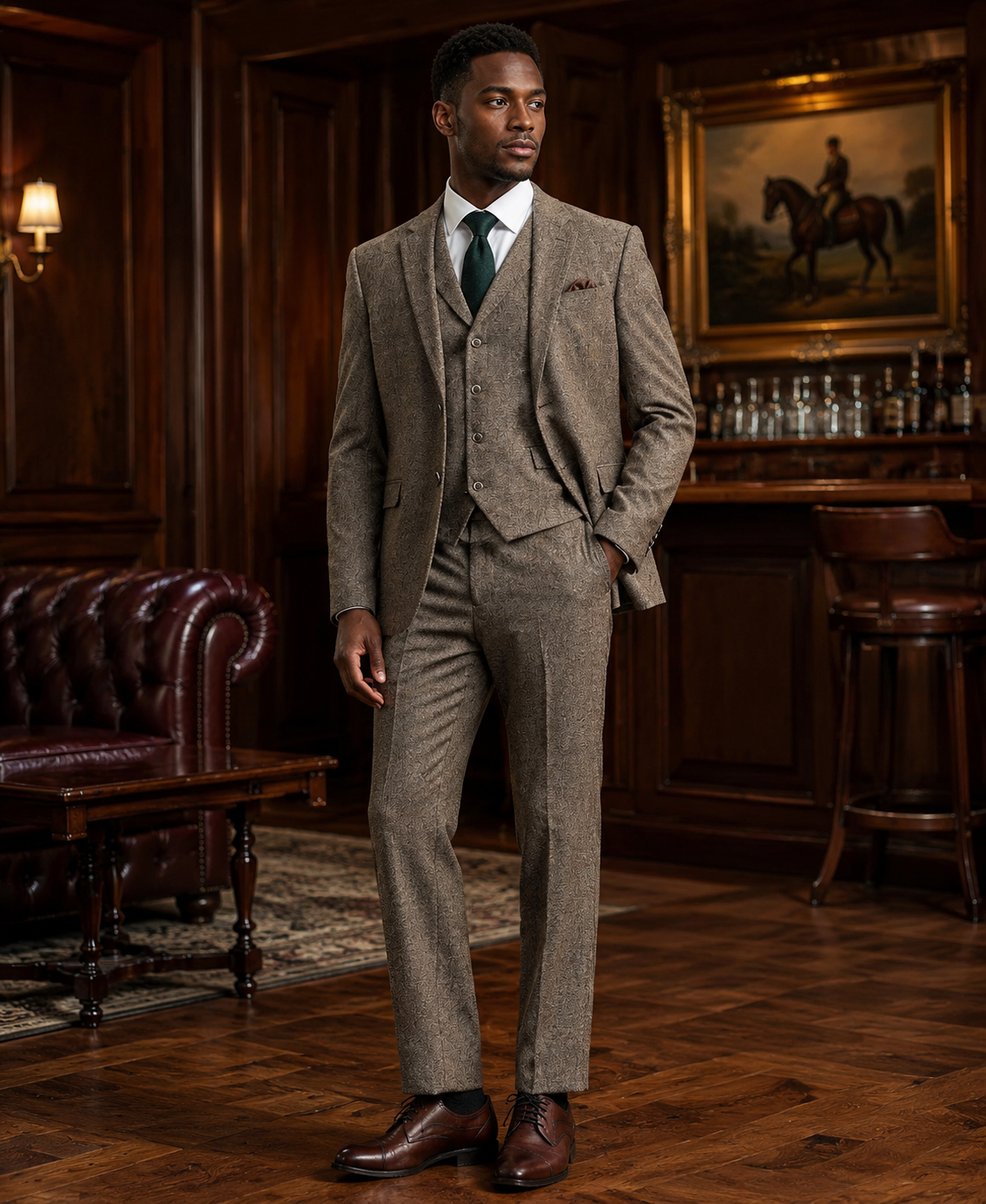 Men's Tan three-piece tweed suit in a refined club lounge
