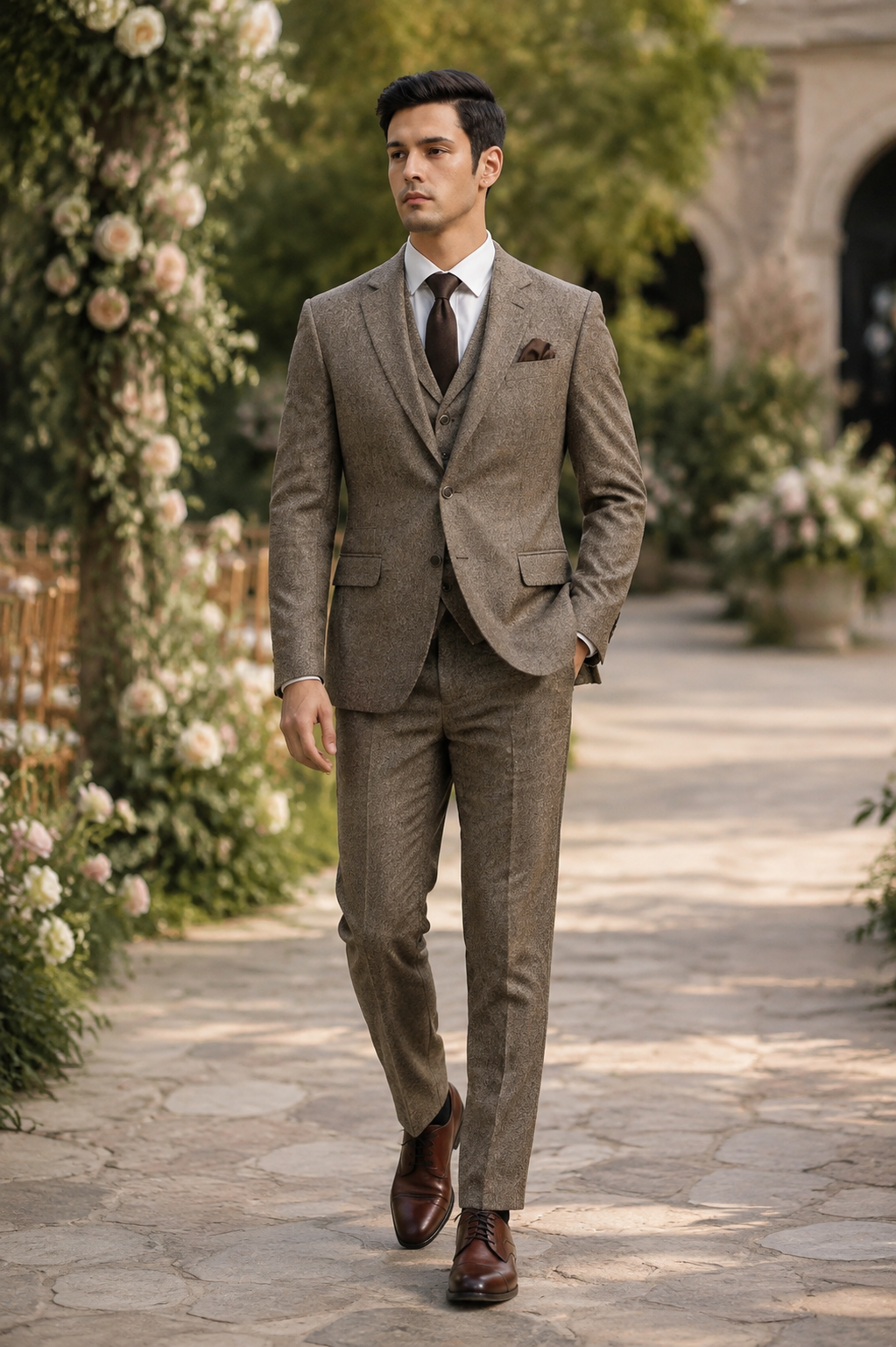 Men's Tan three-piece tweed suit at a garden wedding