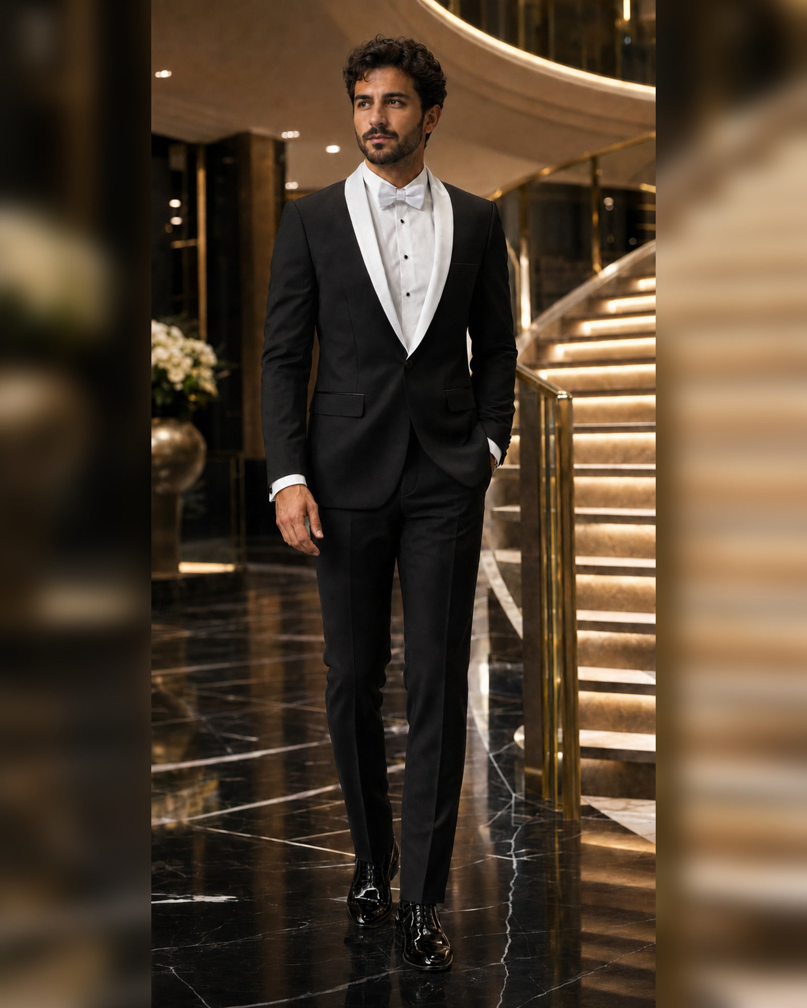 Man wearing the Black Aurelio slim fit tuxedo in a luxury hotel