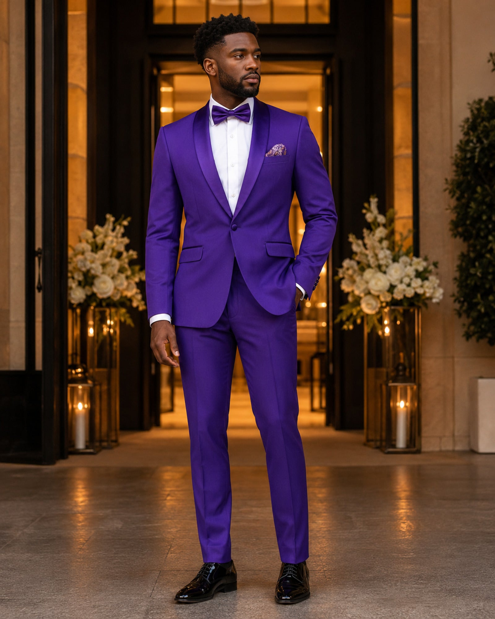 Man wearing the Royal Purple Aurelio slim fit tuxedo at an elegant wedding venue