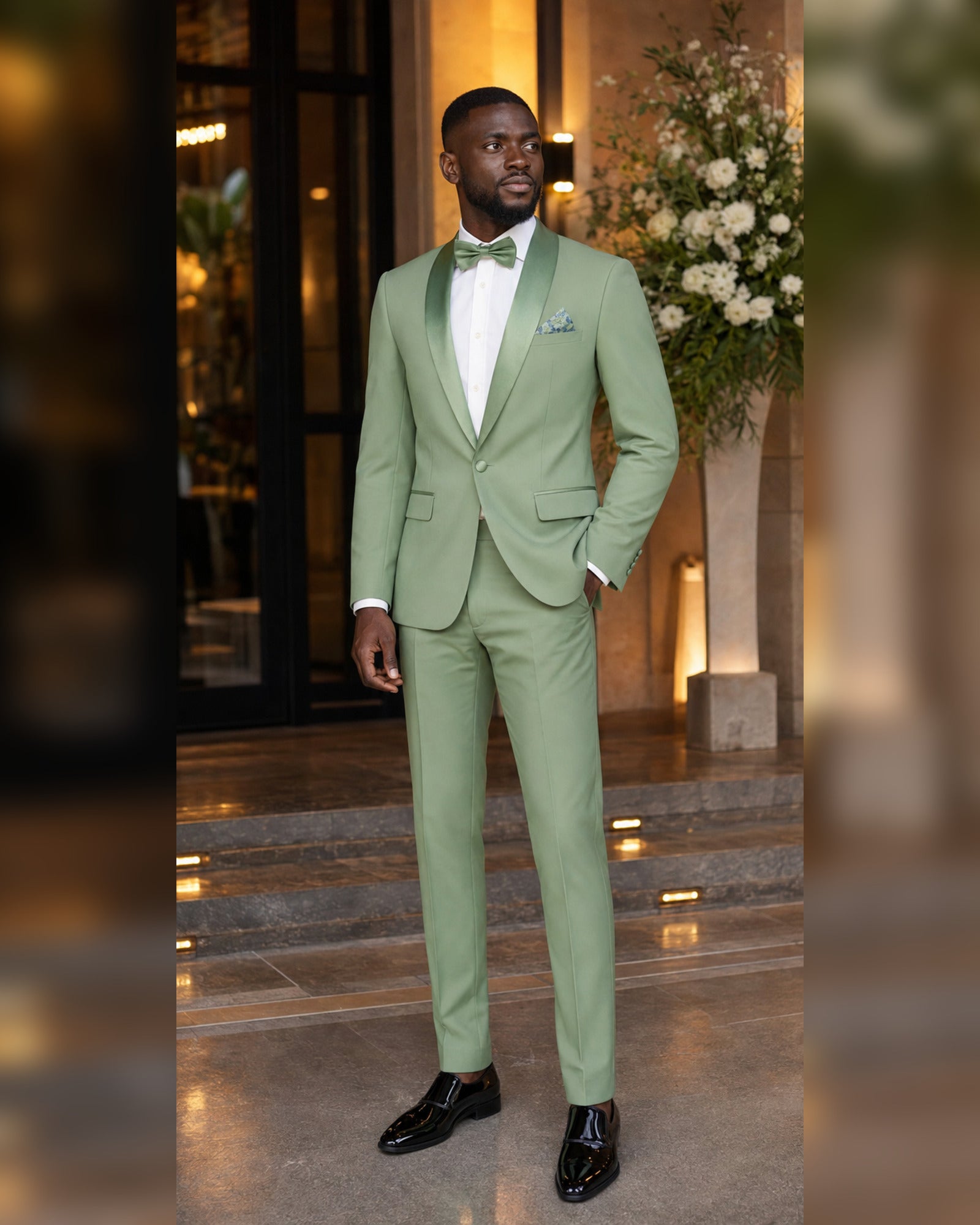 Man wearing the Sage Green Aurelio slim fit tuxedo at an elegant wedding venue