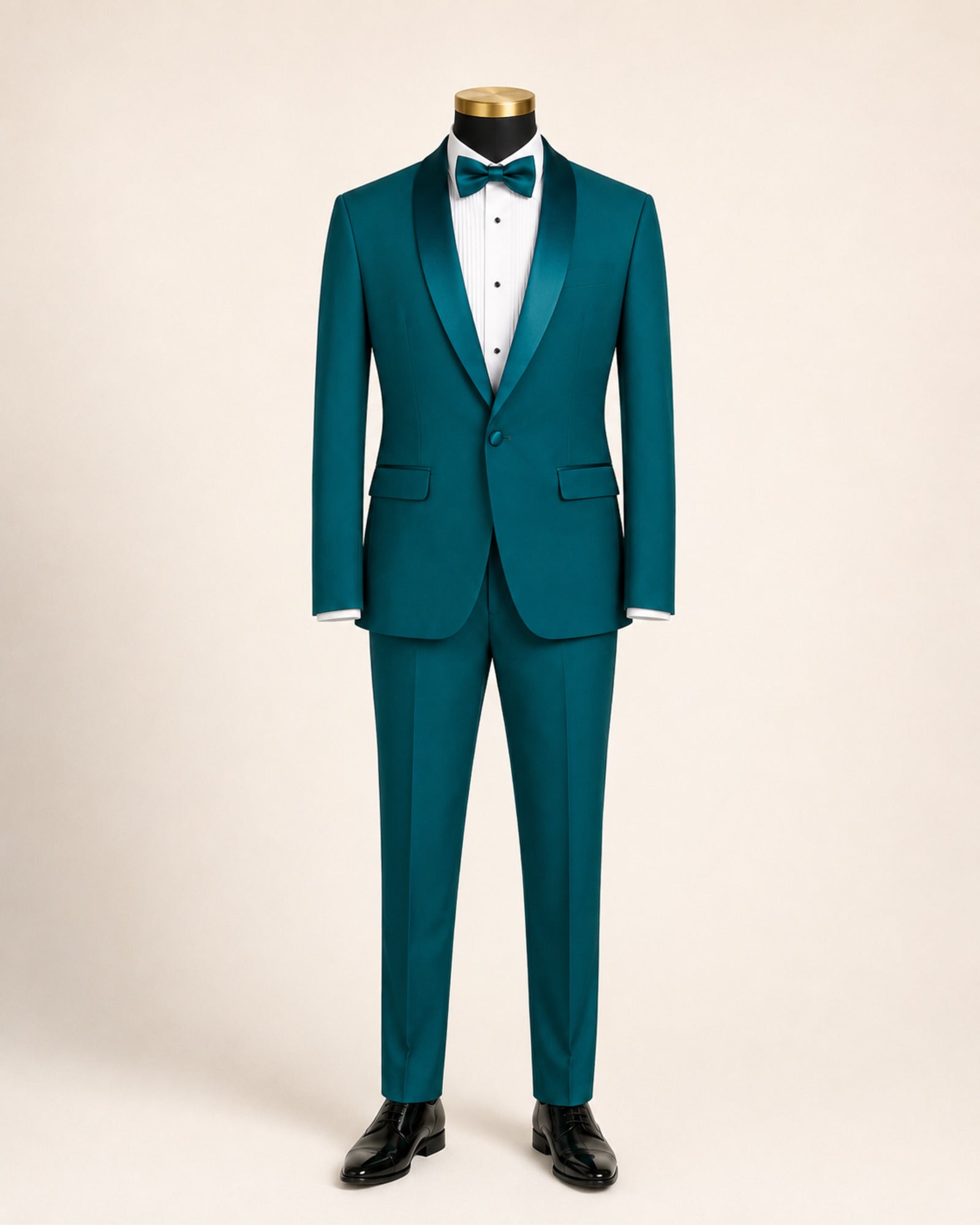 Men's Teal Aurelio slim fit 2-piece shawl lapel tuxedo on black gold-top mannequin
