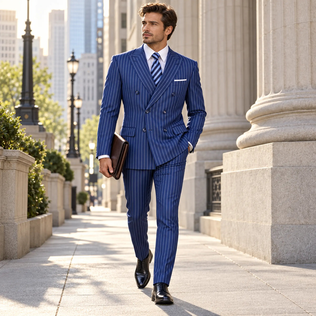 Blue Pinstripe Regular Fit Double-Breasted Suit – Banker Collection - Upscale Men's Fashion
