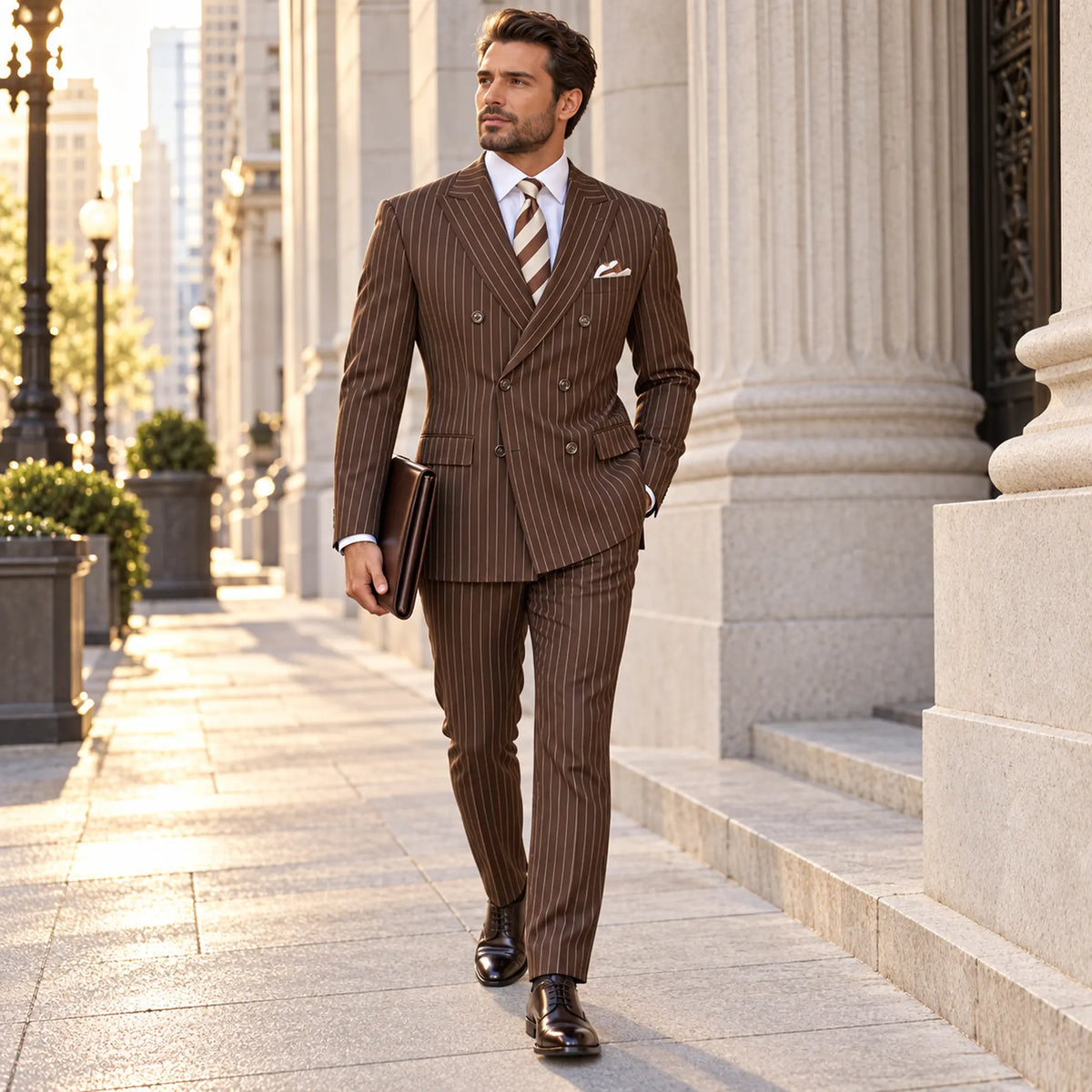 Brown Pinstripe Regular Fit Double-Breasted Suit – Banker Collection - Upscale Men's Fashion