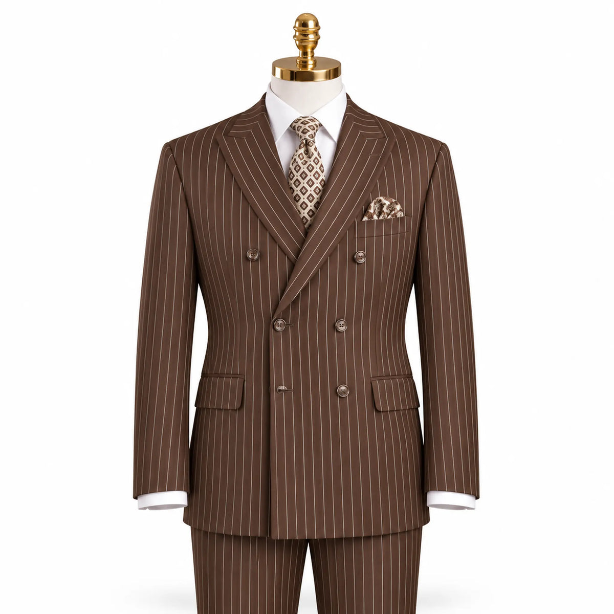 Brown Pinstripe Regular Fit Double-Breasted Suit – Banker Collection - Upscale Men's Fashion