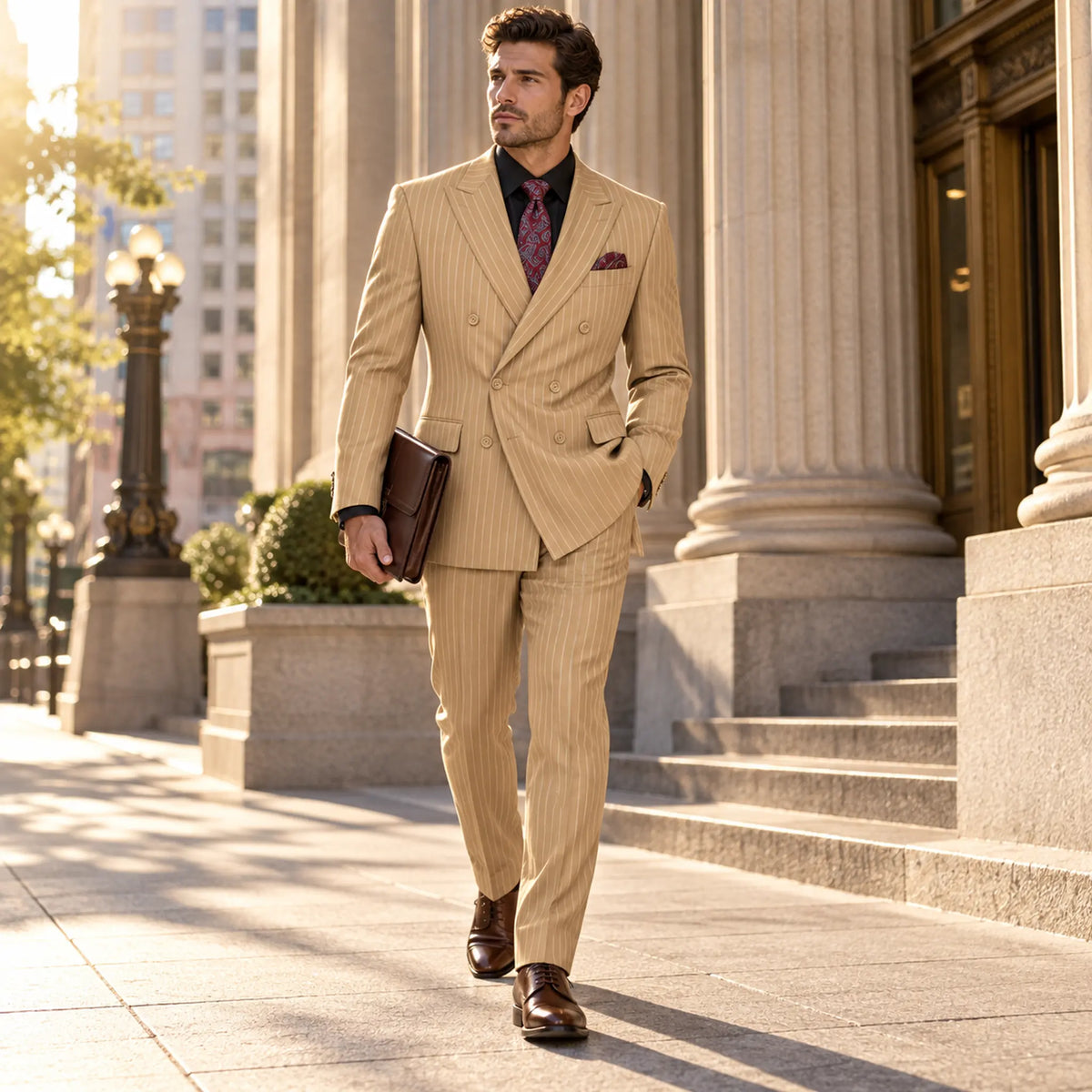 Camel Pinstripe Regular Fit Double-Breasted Suit – Banker Collection - Upscale Men's Fashion