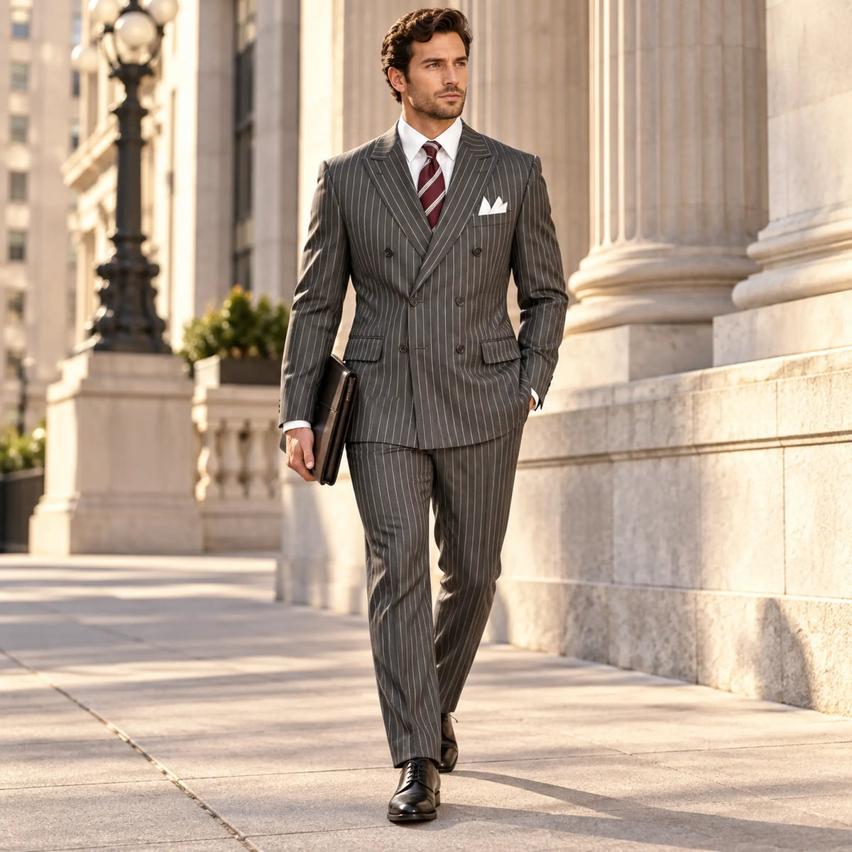 Charcoal Pinstripe Regular Fit Double-Breasted Suit – Banker Collection - Upscale Men's Fashion