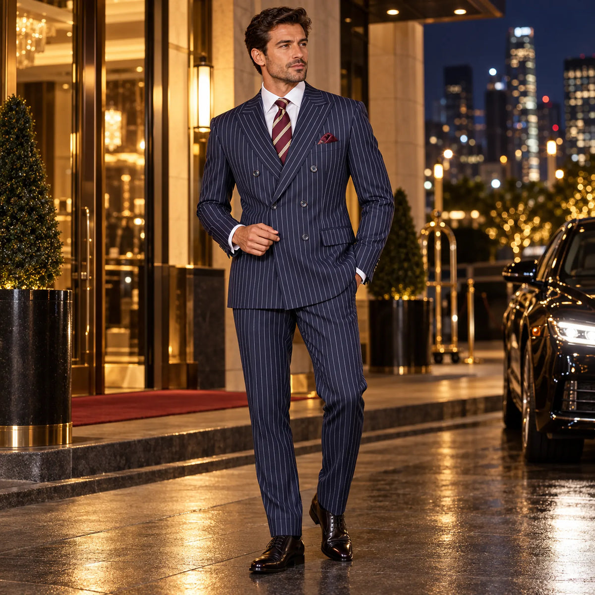 Navy Pinstripe Regular Fit Double-Breasted Suit – Banker Collection - Upscale Men's Fashion