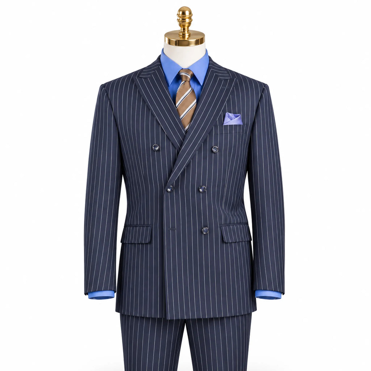 Navy Pinstripe Regular Fit Double-Breasted Suit – Banker Collection - Upscale Men's Fashion
