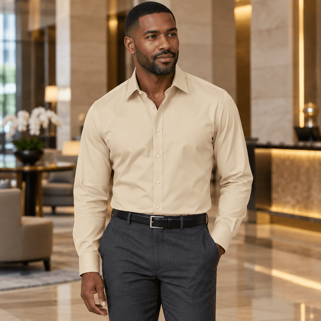 Men's Basic Dress Shirt with Convertible Cuff -Color BEIGE - Upscale Men's Fashion