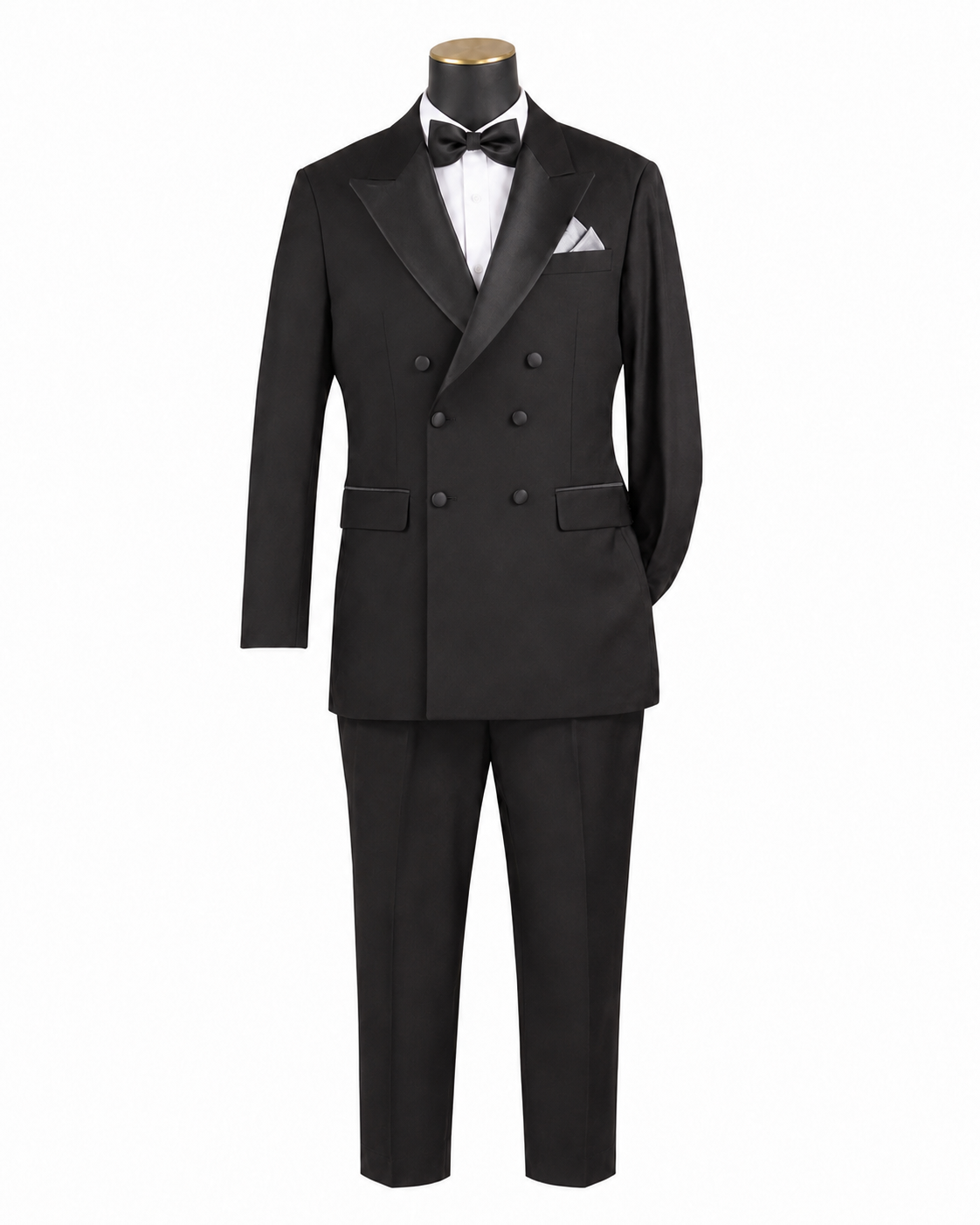 Black modern fit double-breasted tuxedo, front studio view