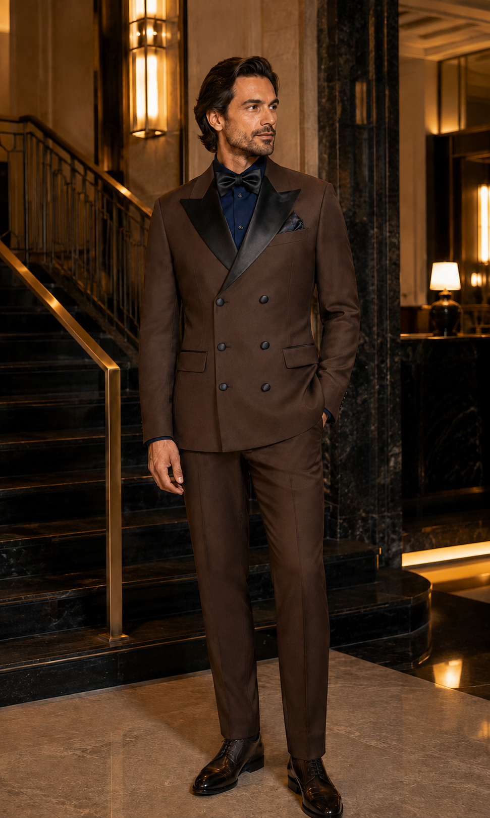 Brown modern fit double-breasted tuxedo at an evening event