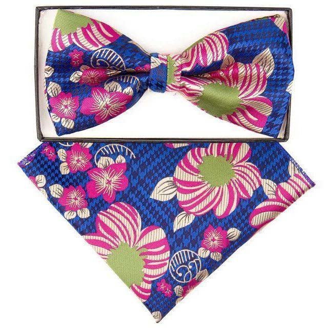 Vittorio Farina Men's Floral Design Satin Bow Tie & Pocket Square in Gift Box - Upscale Men's Fashion