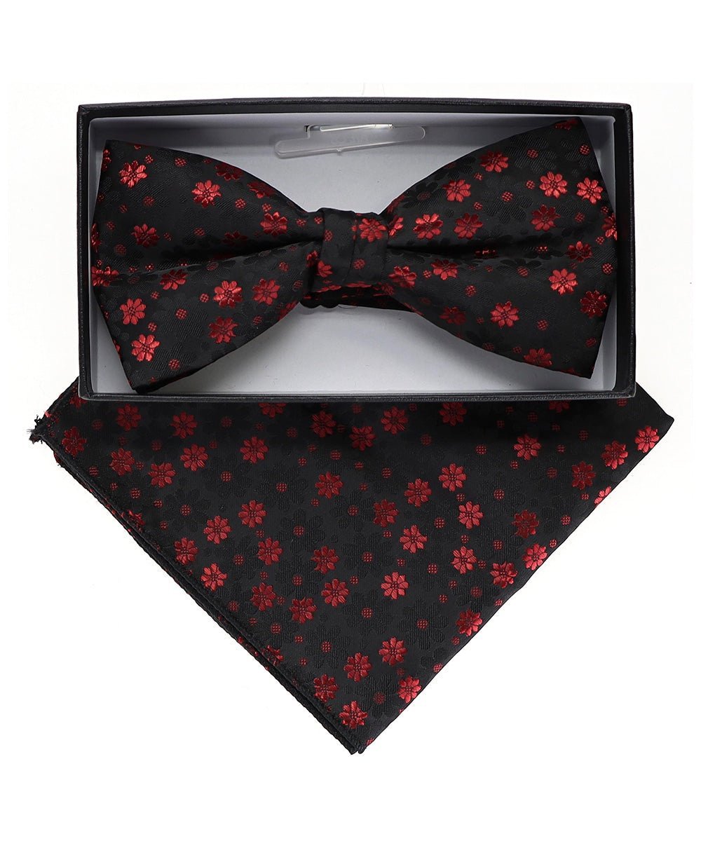 Vittorio Farina Men's Floral Design Satin Bow Tie & Pocket Square in Gift Box - Upscale Men's Fashion