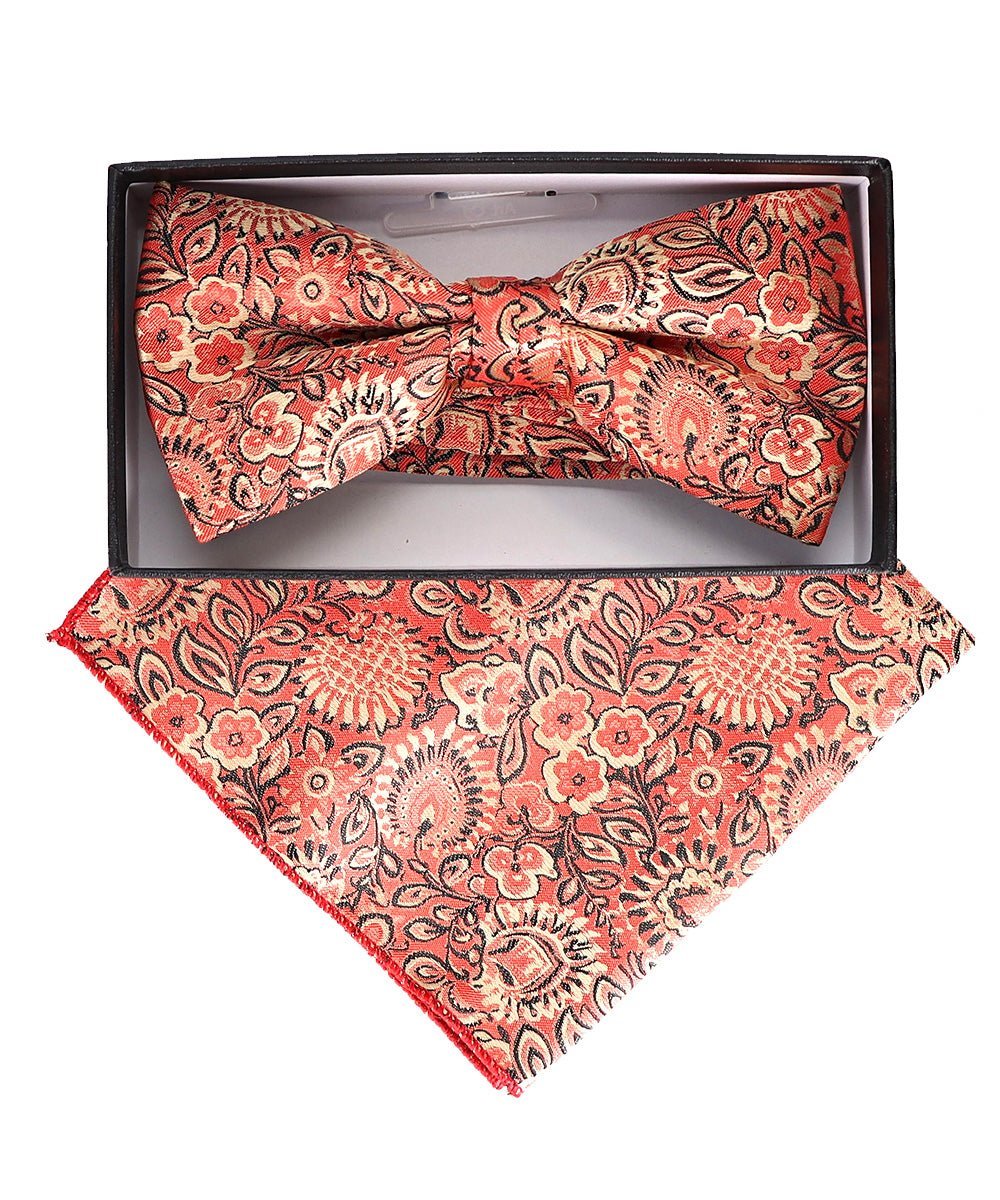 Vittorio Farina Men's Floral Design Satin Bow Tie & Pocket Square in Gift Box - Upscale Men's Fashion