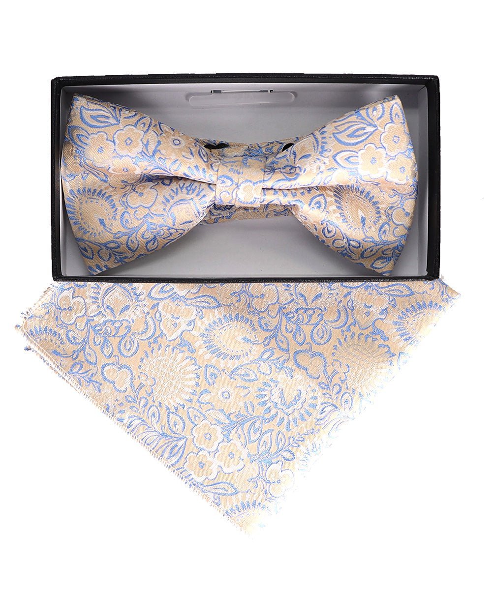 Vittorio Farina Men's Floral Design Satin Bow Tie & Pocket Square in Gift Box - Upscale Men's Fashion