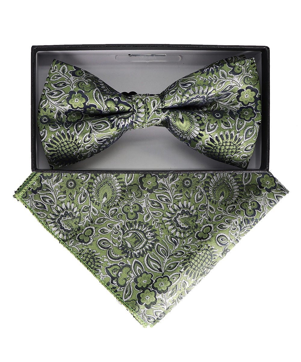 Vittorio Farina Men's Floral Design Satin Bow Tie & Pocket Square in Gift Box - Upscale Men's Fashion