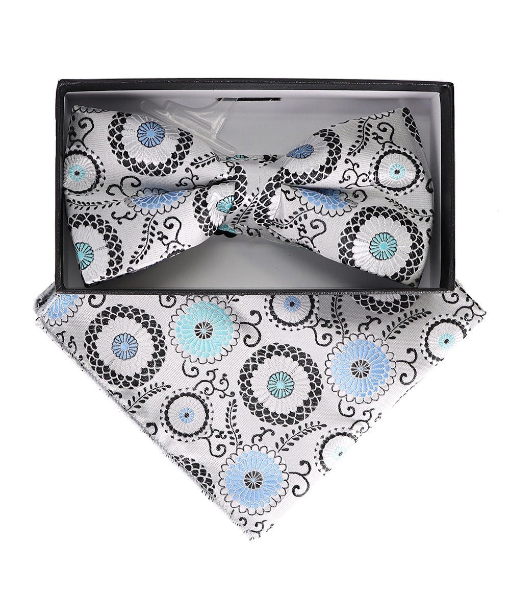 Vittorio Farina Men's Floral Design Satin Bow Tie & Pocket Square in Gift Box - Upscale Men's Fashion