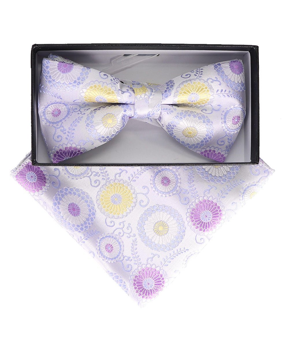 Vittorio Farina Men's Floral Design Satin Bow Tie & Pocket Square in Gift Box - Upscale Men's Fashion