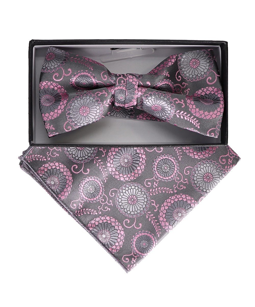Vittorio Farina Men's Floral Design Satin Bow Tie & Pocket Square in Gift Box - Upscale Men's Fashion