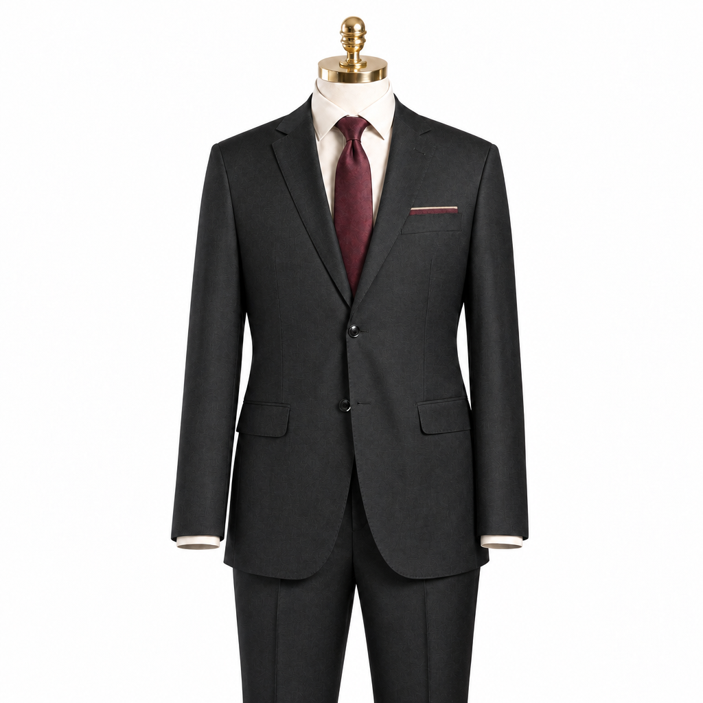 Men's black modern fit 100% wool two-piece suit on gold-head mannequin with low pocket square