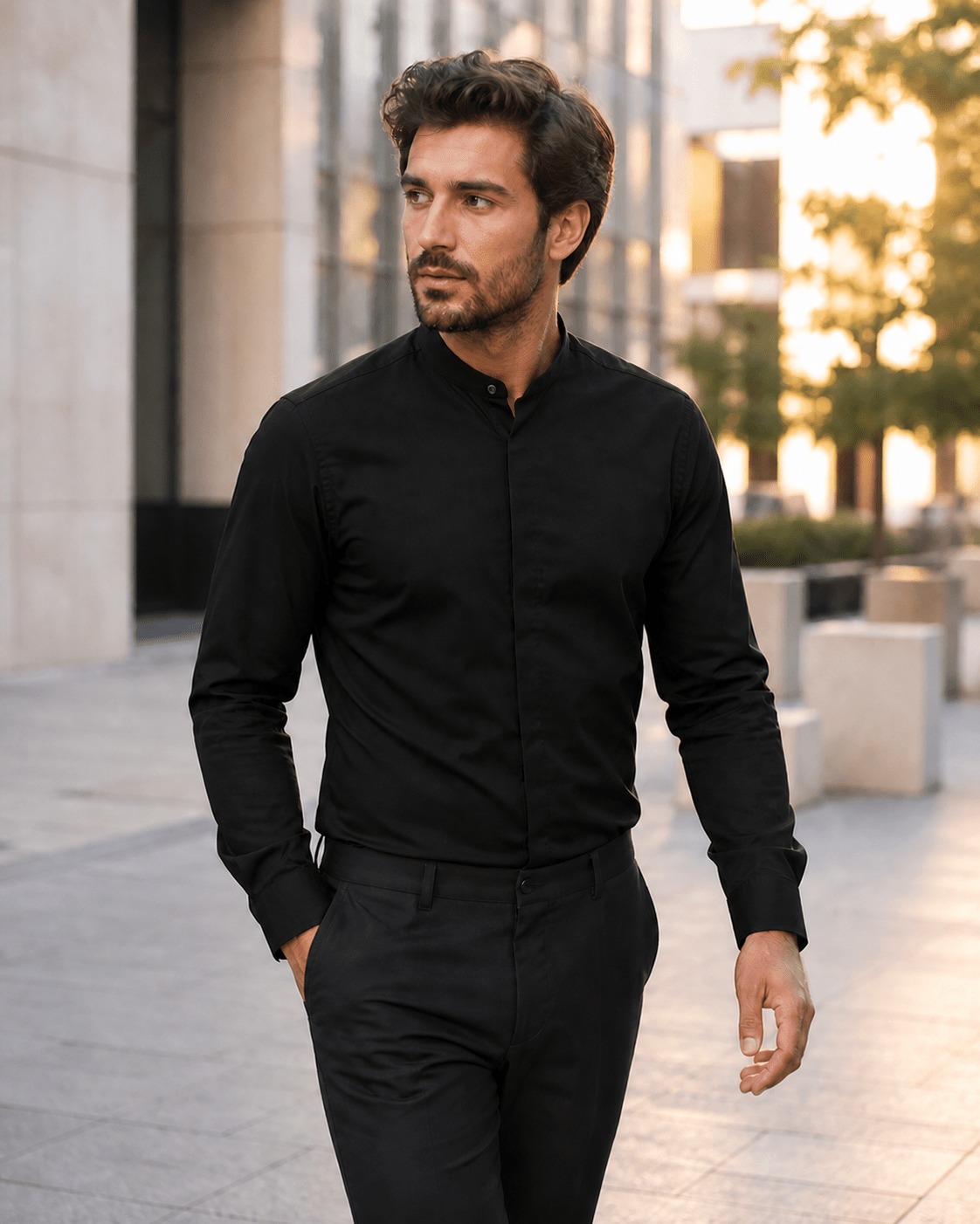 Banded Collar Dress Shirt, Black - Upscale Men's Fashion