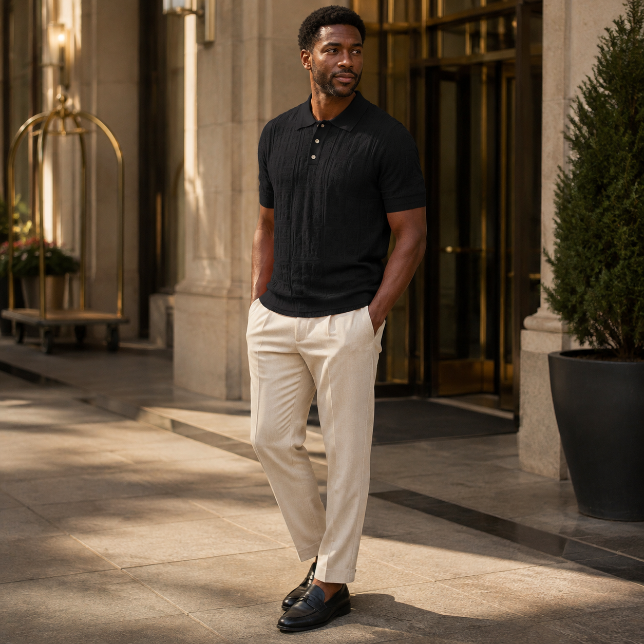 Men's black regular fit short sleeve knit polo lifestyle