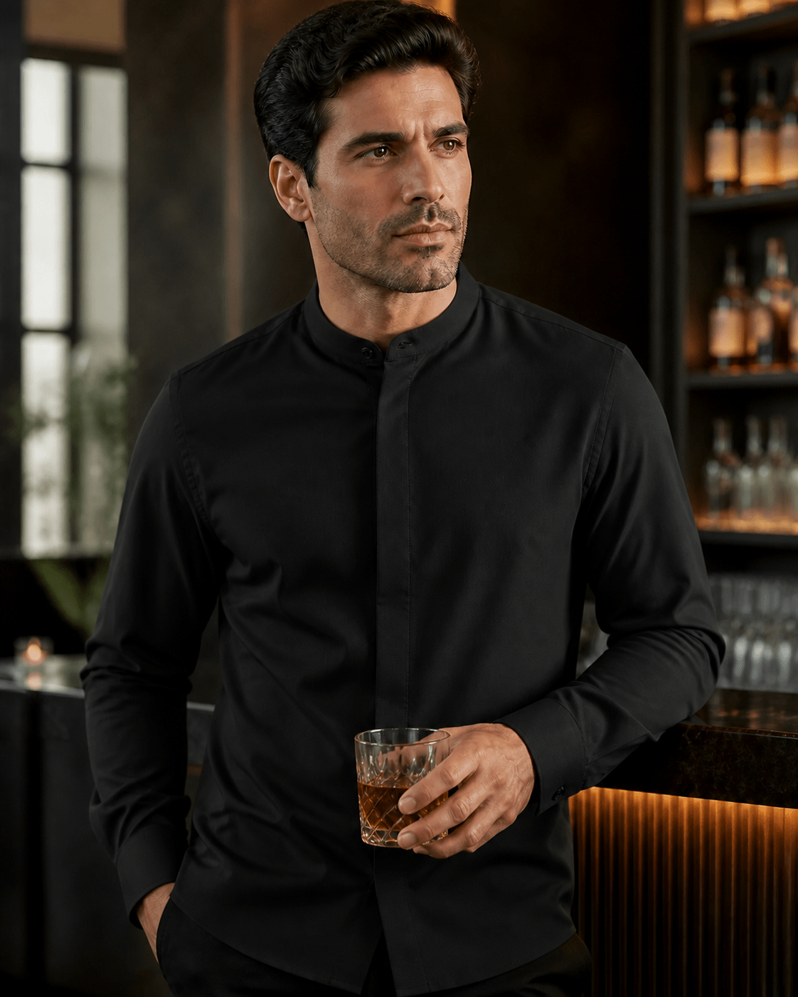Banded Collar Dress Shirt, Black - Upscale Men's Fashion