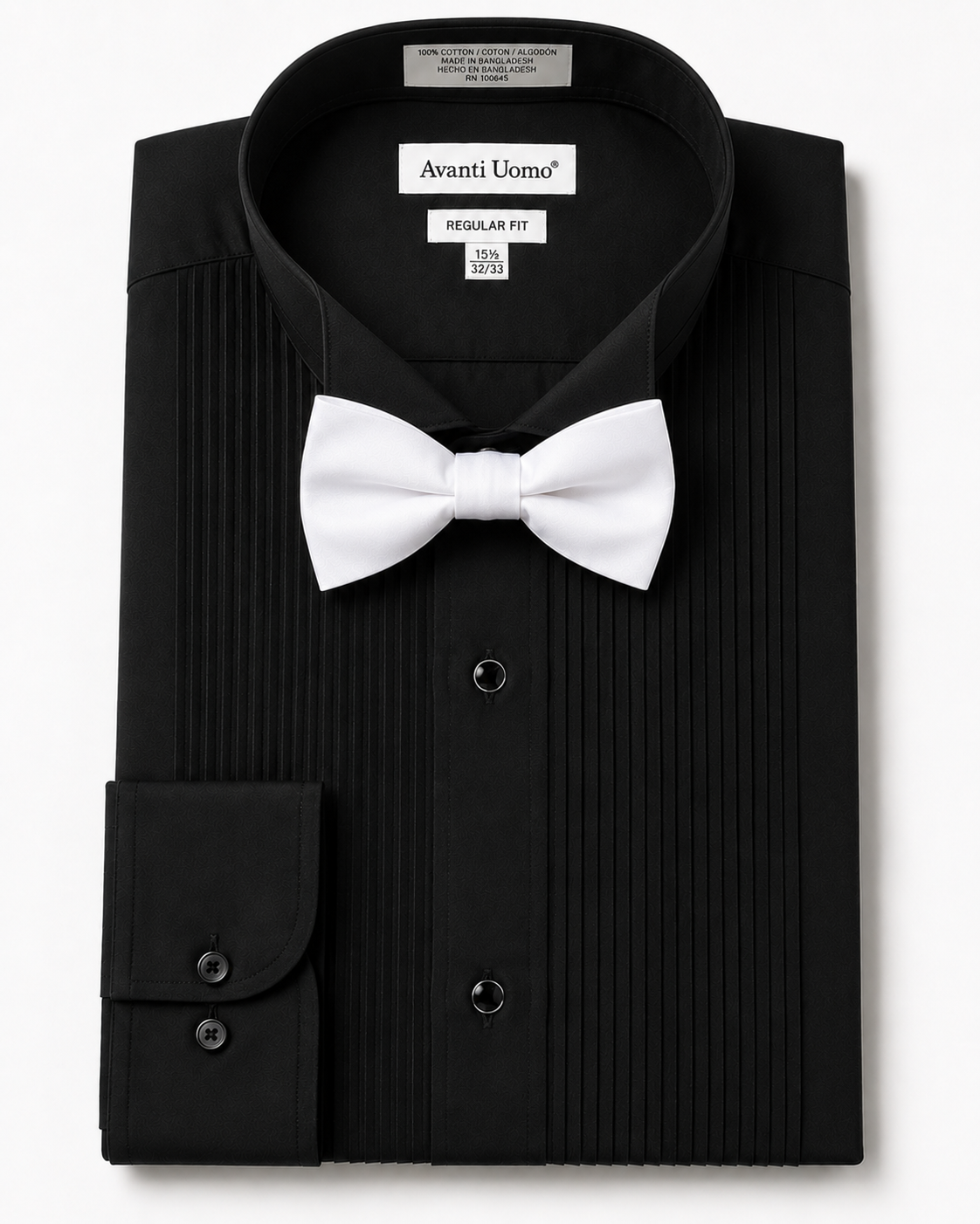 Men's Black Pleated Wing Collar Tuxedo Shirt – Regular Fit Convertible Cuff