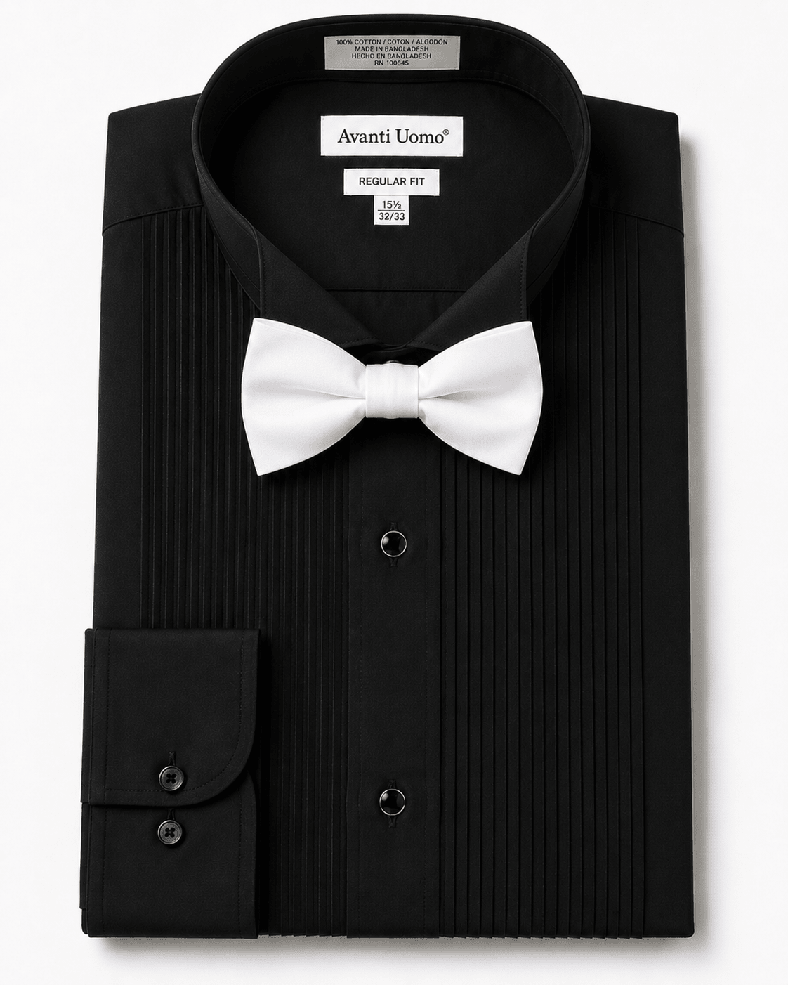 Men's Black Pleated Wing Collar Tuxedo Shirt – Regular Fit Convertible Cuff - Upscale Men's Fashion