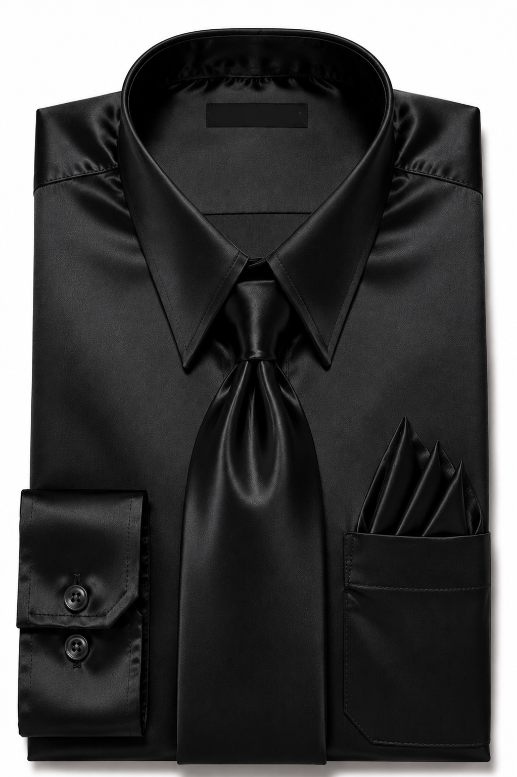 Black Satin Dress Shirt Set with Matching Tie & Pocket Square