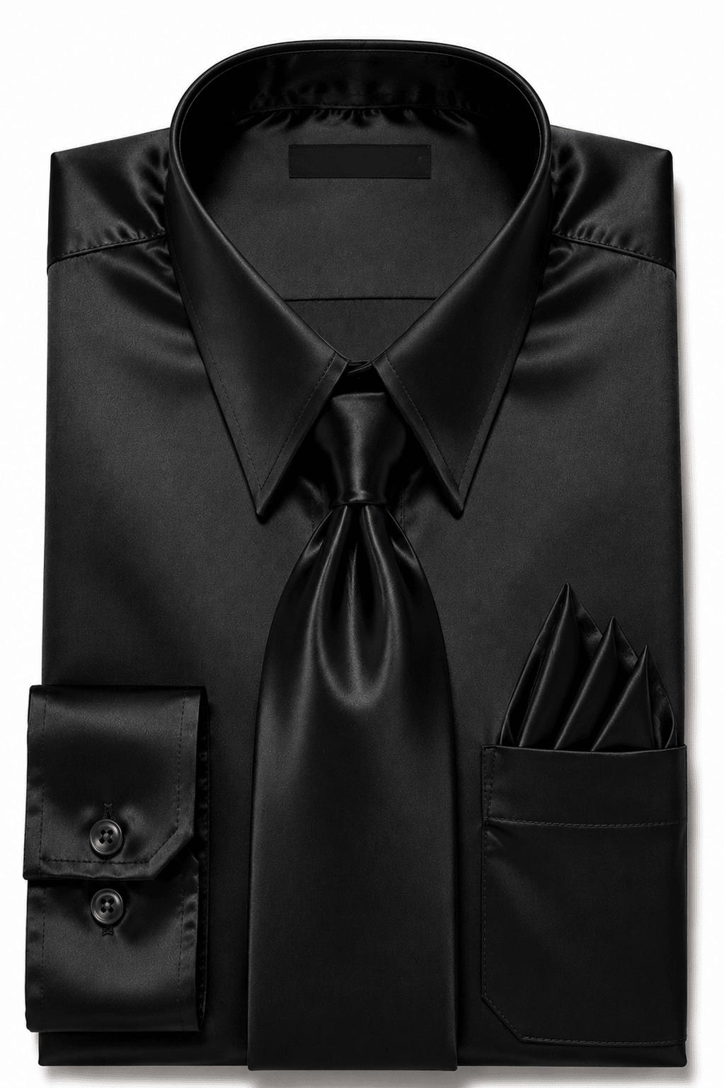 Black Satin Dress Shirt Set with Matching Tie & Pocket Square - Upscale Men's Fashion
