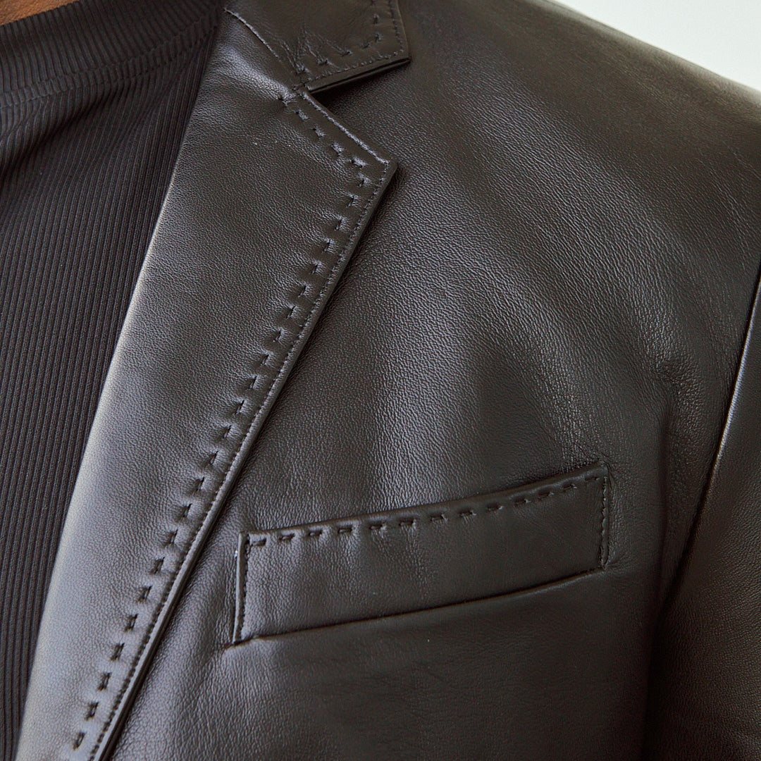 black Men’s 100% lamb leather blazer in pine green – modern fit luxury jacket from Upscale Men’s Fashion show pocket details