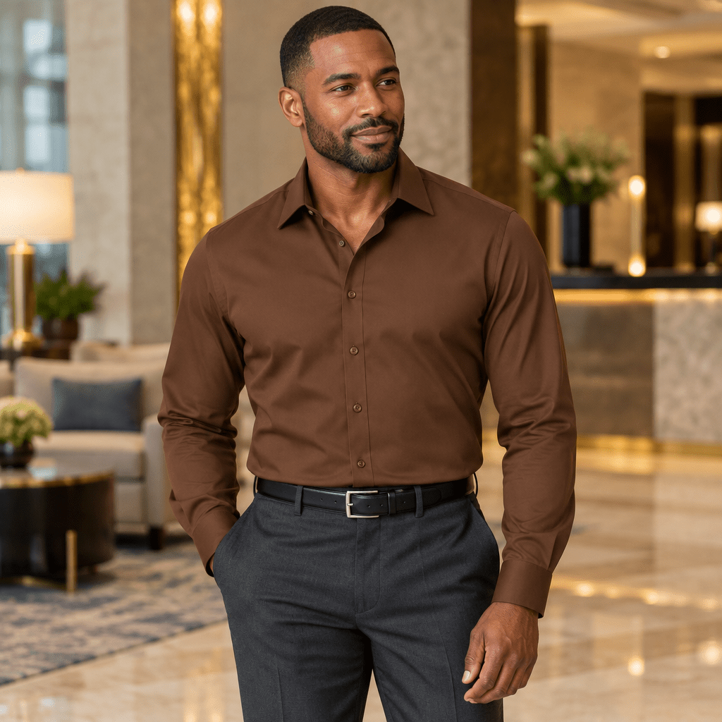Men's Basic Dress Shirt with Convertible Cuff, Brown - Upscale Men's Fashion