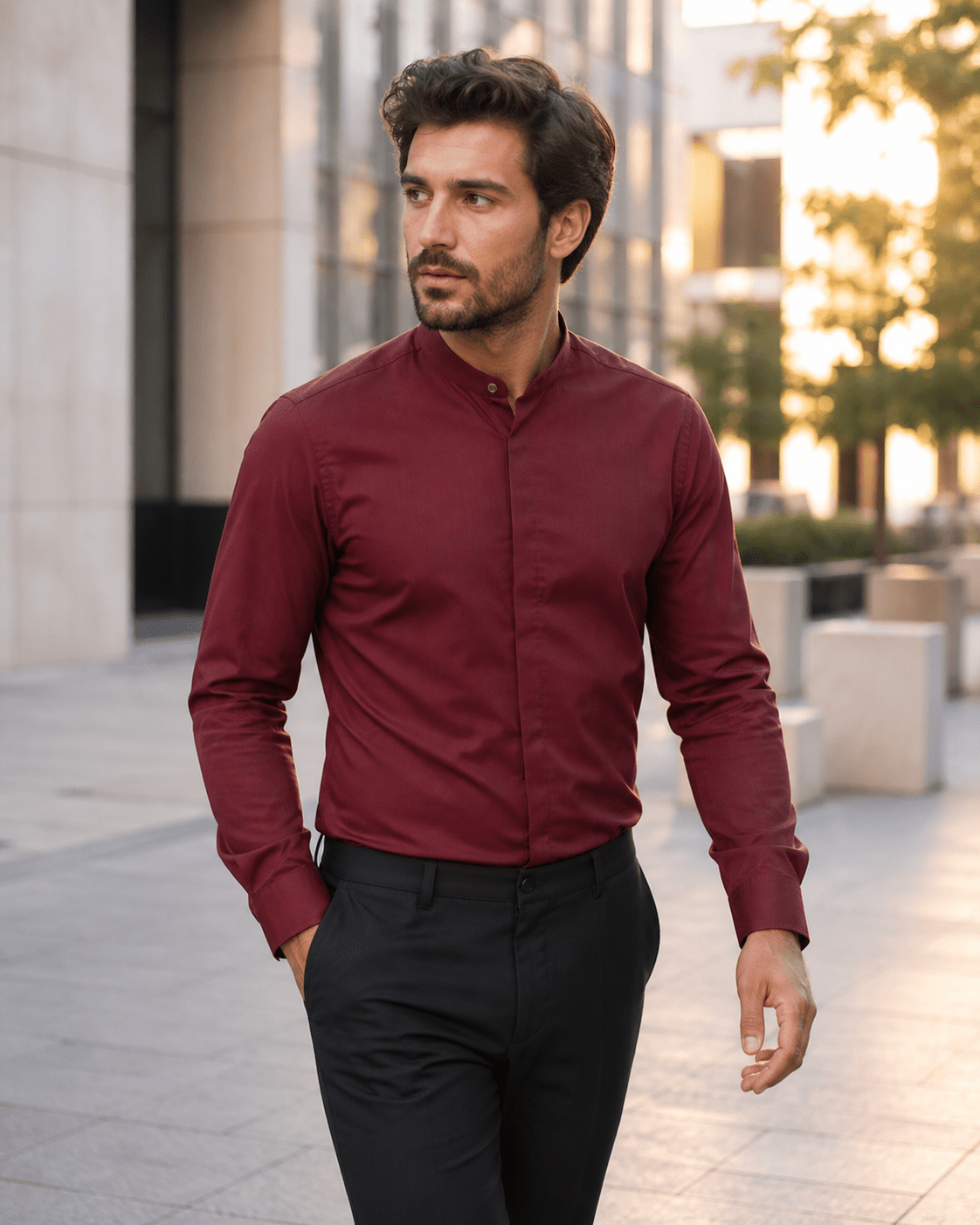 Banded Collar Dress Shirt, Burgundy - Upscale Men's Fashion