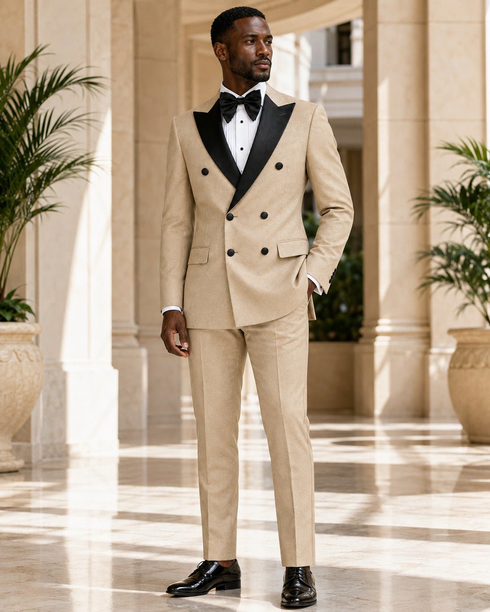 Men's Beige Modern Fit Double-Breasted 2-Piece Tuxedo – Castello Collection - Upscale Men's Fashion