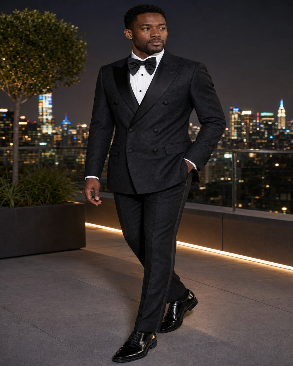 Full-body lifestyle view of Black Castello modern-fit double-breasted tuxedo