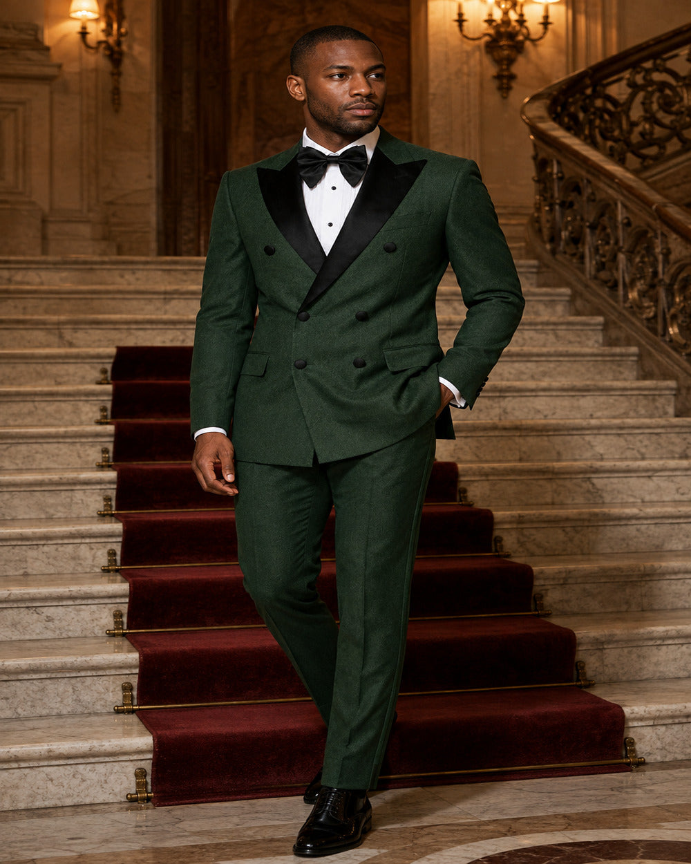 Full-body lifestyle view of Hunter Green Castello modern-fit double-breasted tuxedo