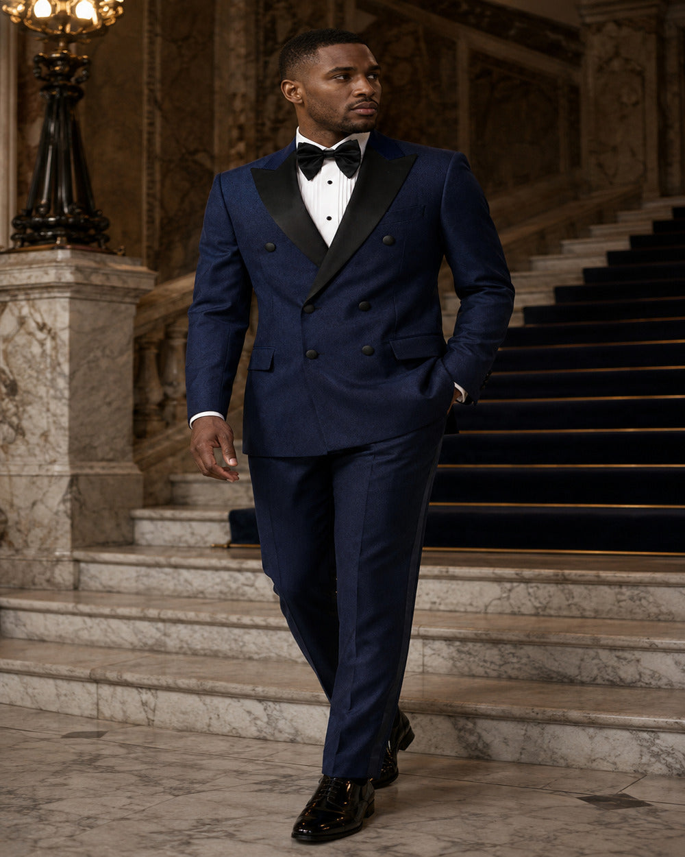 Full-body lifestyle view of Navy Castello modern-fit double-breasted tuxedo