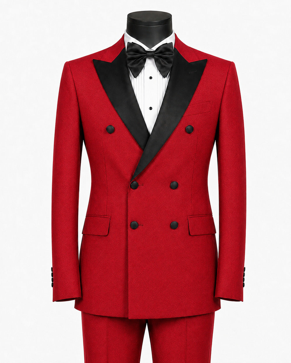 Men's red Castello modern-fit double-breasted tuxedo with black peak lapels