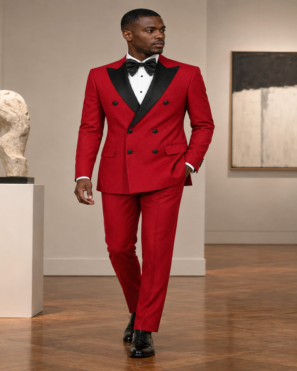Full-body lifestyle view of Red Castello modern-fit double-breasted tuxedo