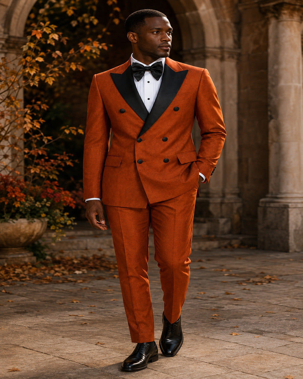 Full-body lifestyle view of Rust Castello modern-fit double-breasted tuxedo