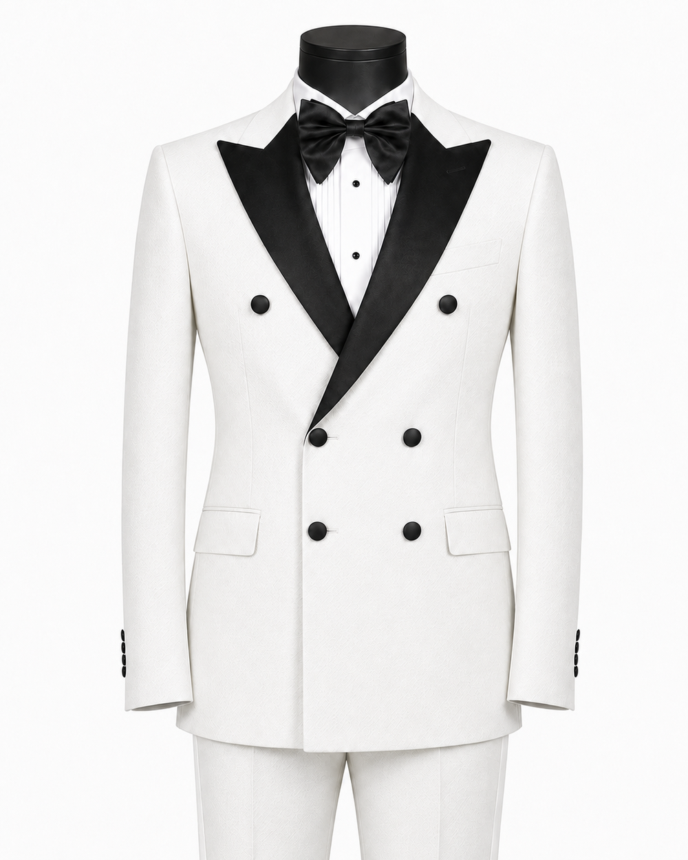 Men's White textured modern fit double-breasted tuxedo with black peak lapels and matching white satin pant stripe – Castello Collection