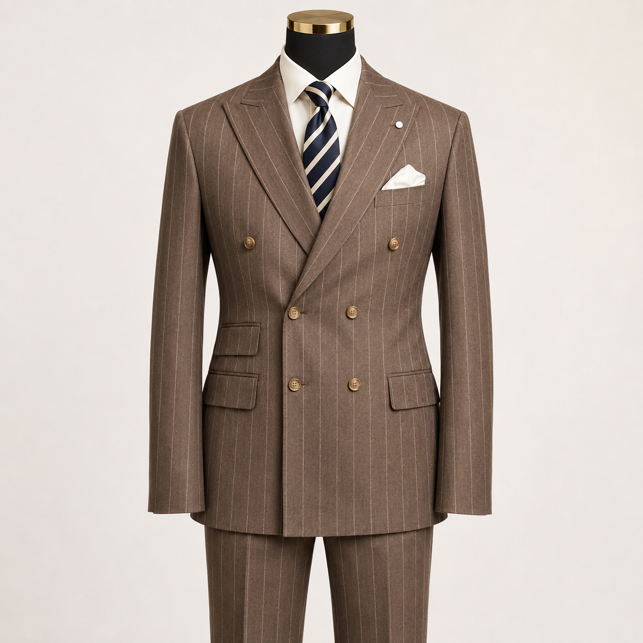 Men’s brown pinstripe regular fit double-breasted suit on gold-top mannequin