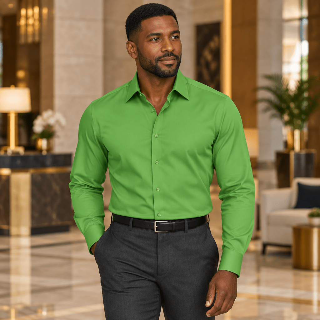 Men's Basic Dress Shirt with Convertible Cuff -Color Classic Green - Upscale Men's Fashion